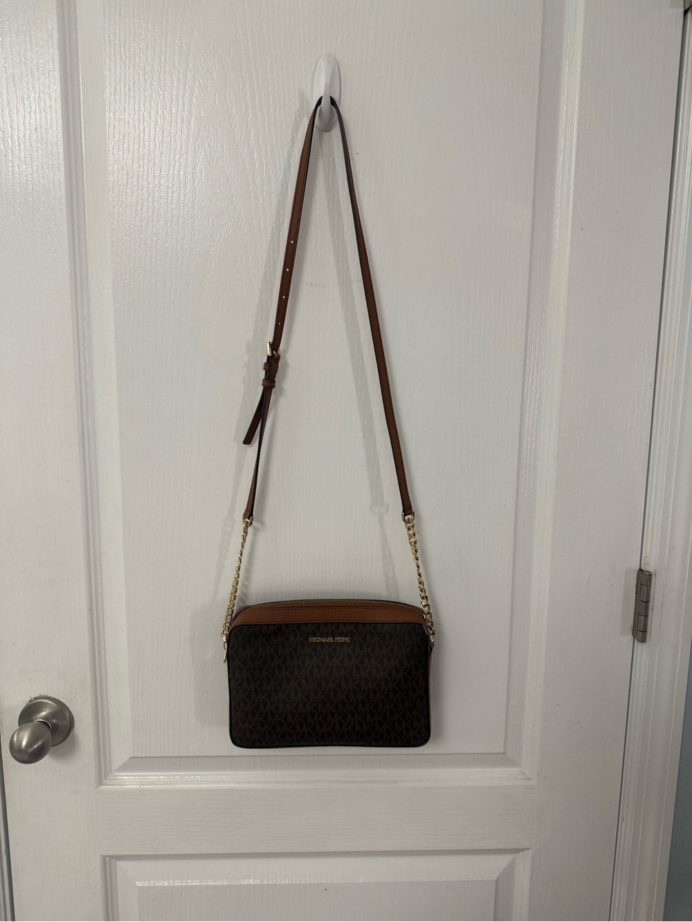 Michael Kors Brown and Tan Logo Crossbody with Gold Chain